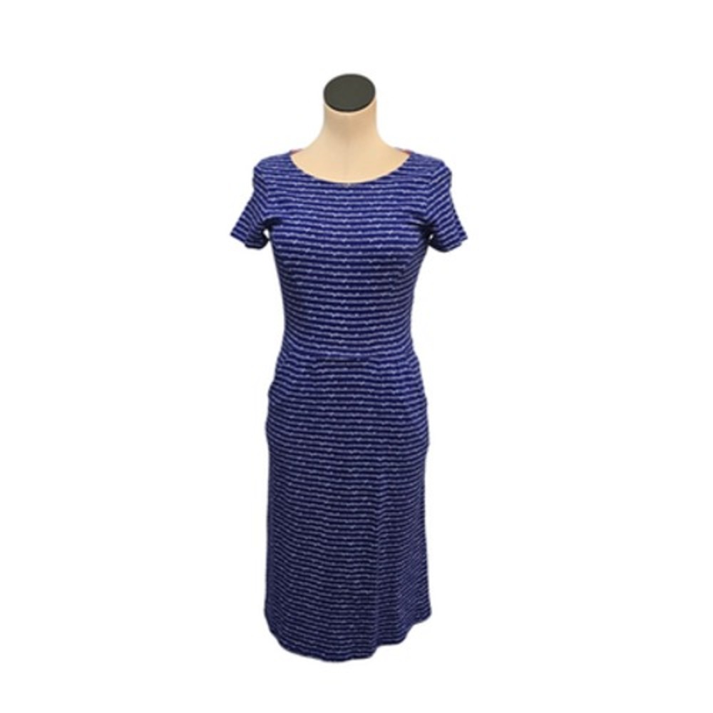 Boden Dress Womens US 4 Long Blue White Jersey Midi Short‎ Sleeve Script Stripe